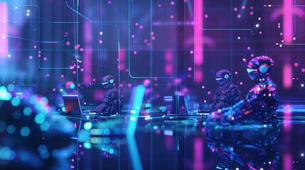 A futuristic office scene featuring humanoid robots sitting at desks