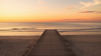 Fototapeta premium A serene wooden pier extends into the tranquil sea at sunset, creating a stunning silhouette against the vibrant orange and pink hues of the sky.