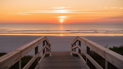 Obraz premium A serene beach scene at sunset, with vibrant orange and pink hues reflecting on calm waters. Wooden steps lead to the shore, inviting tranquility.