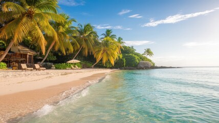Fototapeta premium A tranquil beach scene showcasing golden sands and palm trees under a clear blue sky, evoking relaxation and serenity.