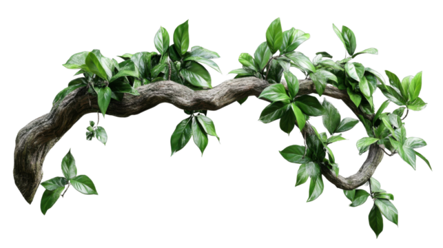 Lush green leaves growing on a curved branch with transparent background