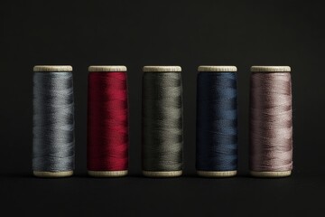 Spools of thread in cool tones against a dark background. Spools of thread ready for sewing projects.