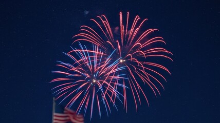 Vibrant fireworks in red and blue burst across the night sky, illuminating the scene with festive energy.