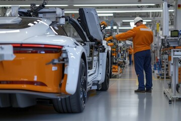 Fototapeta premium Electric vehicle assembly line, technician working on modern car, automotive industry innovation, manufacturing process, electric mobility concept