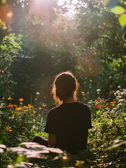 Fotografia analogowa. Kobieta siedząca w ogrodzie w czasie zachodu słońca.