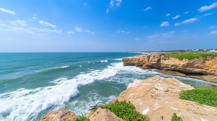 Fototapeta premium Coastal cliffs, ocean waves, surfers, sunny day