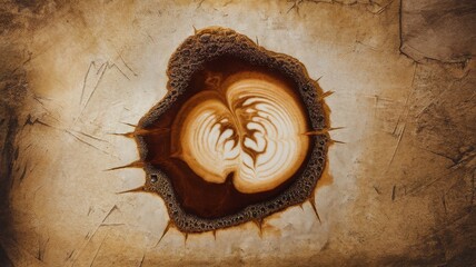 Artistic latte art featuring a heart design, set on a textured brown background, showcasing warm hues and creative swirls.