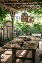 Fototapeta premium Eco-Friendly Outdoor Dining Area with Reclaimed Wood Table and Recycled Glass Lanterns