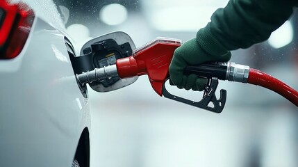 Fuel Pumping Process at Gas Station with Close-Up on Nozzle and Car