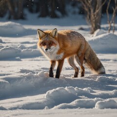Obraz premium A young fox playing in the snow under a pale blue morning sky. Majestic Red Fox Standing Gracefully in a Winter Wonderland Scene A lone red fox stands in a snow-covered field under an orange sky 