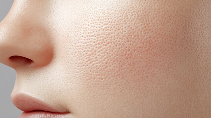 Close-up of woman's cheek, showing detailed skin texture, pores and fine vellus hair, part of nose and lips visible.