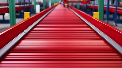 A close-up view of a red conveyor belt in an industrial setting, showcasing the smooth, ridged surface and vibrant color.