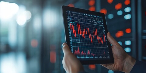 Businessman's finance skills. A person holding a tablet displaying financial market data amidst server equipment.