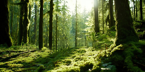 Obraz premium A Lush and Verdant Green Forest with Sunlight Gently Peeking Through the Trees Above