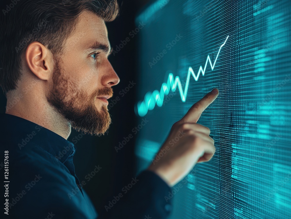 Poster businessman's finance skills. young man analyzing data trends on a digital interface with a focused 