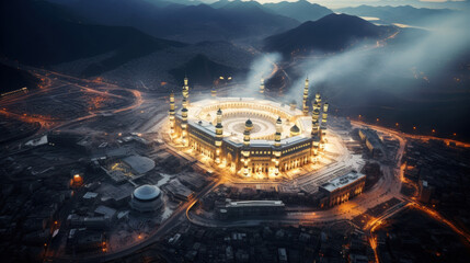 Aerial night view of the Great Mosque of Mecca beautifully illuminated with surrounding cityscape and mountains
