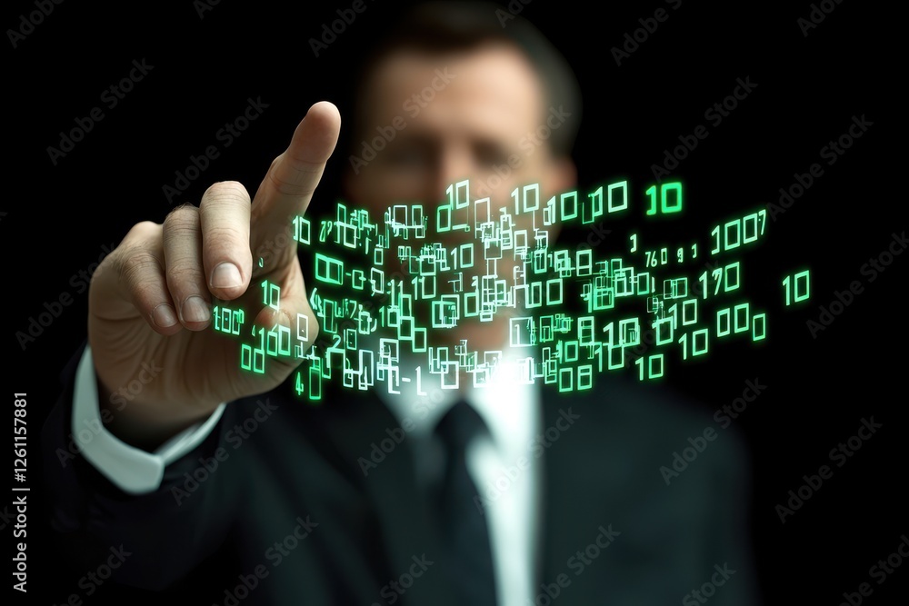 Aufkleber businessman's finance skills. a businessman interacts with floating binary numbers in a digital envi