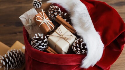 A festive red Christmas sack filled with beautifully wrapped gifts, cinnamon sticks, and pine cones, evoking a warm holiday spirit.
