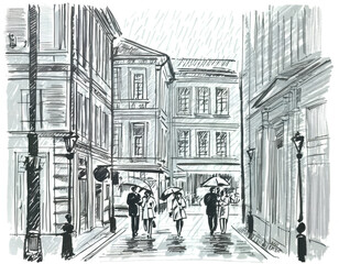 Rainy street and walking couples under umbrellas, pencil drawing