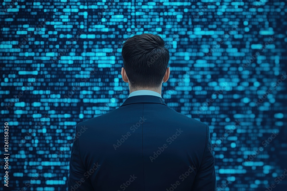 Poster businessman's finance skills. a person in a suit stands before a digital data wall filled with blue 