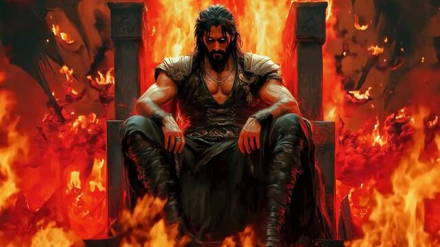 Hades seated on a throne amidst a fiery backdrop. Greek god of the dead and the underworld