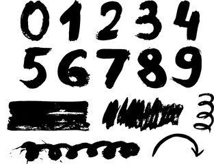 Numbers ink brush strokes. Ink grunge design elements. Hand drawn brush stroke numbers