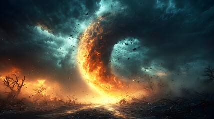 Obraz premium Massive fiery tornado spiraling through a dark apocalyptic landscape, scattering debris and engulfing the surroundings in flames. Ominous storm clouds add to the dramatic and chaotic atmosphere
