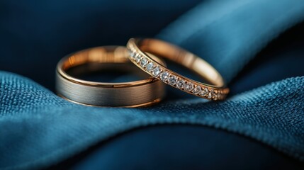 Close-up of wedding rings on a velvet cushion, capturing the luxurious texture and shine
