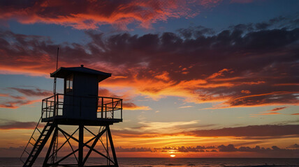 A Lifeguard Tower Silhouetted Against A Vibrant Sunset Sky Filled With Clouds Background