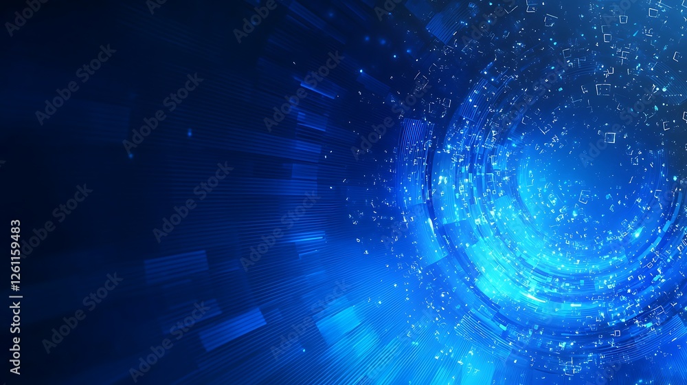 Poster blue technology background with copy space, featuring abstract data center, servers, and internet sp