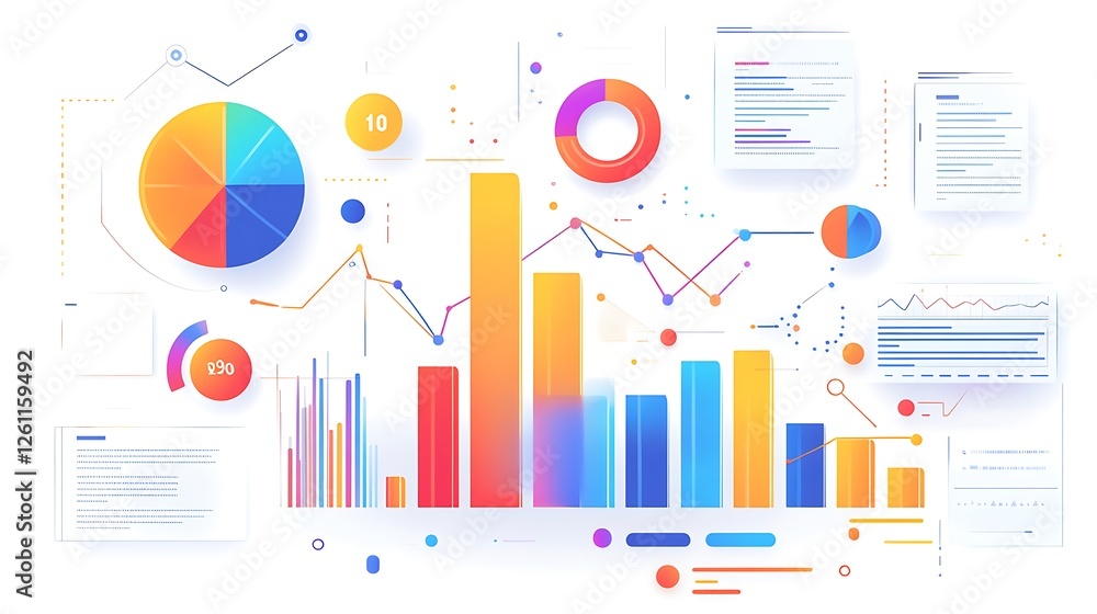 Poster colorful 3d bar and pie charts on a paper with graphs in a modern office setting, a colorful bar gra