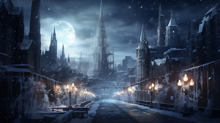 Frozen Gothic City Under a Full Moon