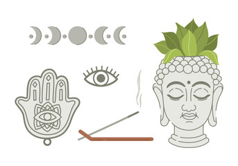 Set of Buddhist elements for design, printing, posters and banners. Vector illustration on a white background.