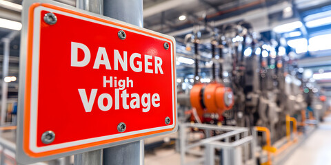 High Voltage Danger Sign in Industrial Setting: A red warning sign alerts to high voltage danger within an industrial environment. Safety first.