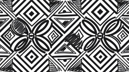 Black and white geometric pattern featuring symmetrical shapes and lines, creating a striking, modern aesthetic.