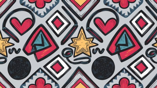 A colorful and whimsical pattern featuring headphones, hearts, stars, and geometric shapes, perfect for modern design projects.