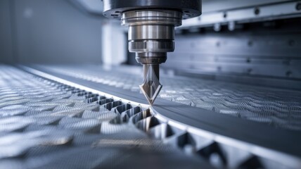 Close-up view of a CNC machine's milling tool cutting through a metallic surface, showcasing precision and advanced technology in manufacturing.