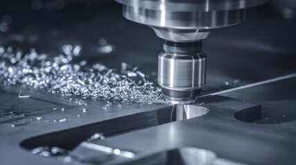 Close-up of a high precision CNC milling machine cutting a metal workpiece, showcasing the intricate details and shavings in a modern workshop.
