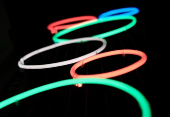 Glowing Neon Circles On Black, Elements Of Illuminated Neon Sign Board