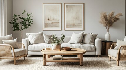 Scandinavian-inspired living room with neutral colors, clean lines, and wooden furniture, copy space