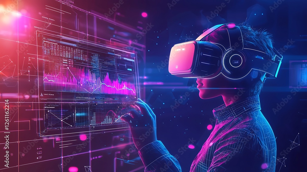 Poster business analytics and big data analysis technology concept, illustrated on a vr screen with interac