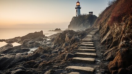 beautiful scenery with huge white lighthouse and sea! formidable dark rocks with sea
