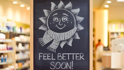 Chalkboard drawing of smiling sun with "Feel Better Soon!" message