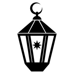 Black and White Silhouette of Islamic Lantern with Crescent Moon and Stars, Islamic icon 