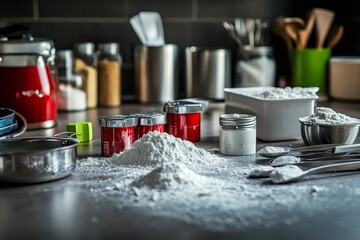 Flour spills on kitchen counter, baking prep.