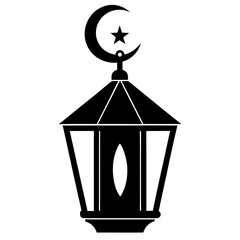 Black and White Silhouette of Islamic Lantern with Crescent Moon and Stars, Islamic icon 