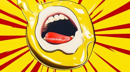 Dynamic Mouth Splashing Liquid on Vibrant Yellow Background with Bold Sunburst Design