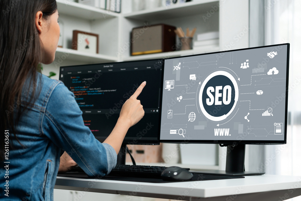 Poster seo search engine optimization for brisk e-commerce and online retail business showing on computer s