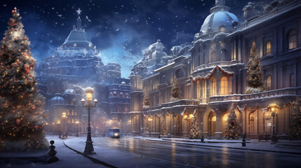 Festive Winter Cityscape with Christmas Decorations