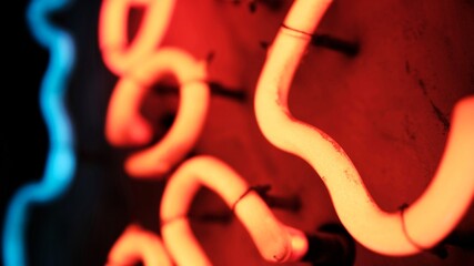 Glowing Neon Tubes, Illuminated Street Board Elements Close Up